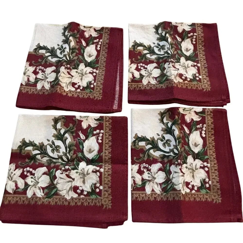 Retro 1980’s cloth napkins set of 4 in burgundy red & white lily brocade finish